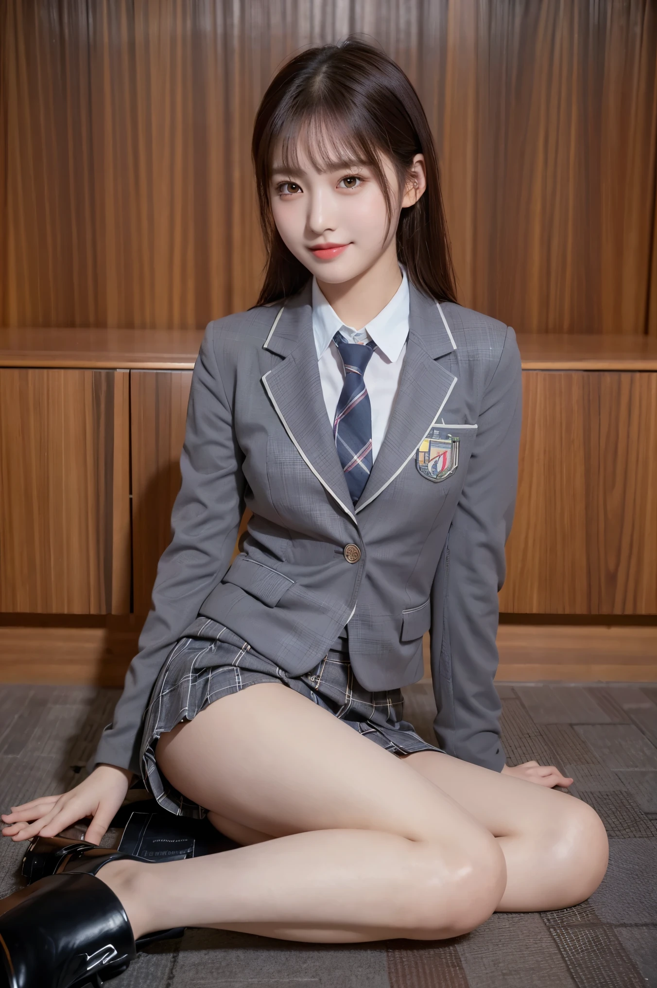 (8k), (highest quality: 1.2), (Realistic), (Realistic: 1.37), Ultra-high resolution, (1 girl), cute, blush,Embarrassed smile, Beautiful details, Beautiful Nose, straight Hair, Giant Dulcefo, pork, Thighs，Self Snap,University Uniforms,(A simple dark brown blazer:1.4),(Pleated skirt:1.2),(The skirt and tie are gray tartan check pattern.:1.3),(Sitting:1), Sit on the ground,(Hold my feet:1),(Shiny legs:1.2),from the front,knees