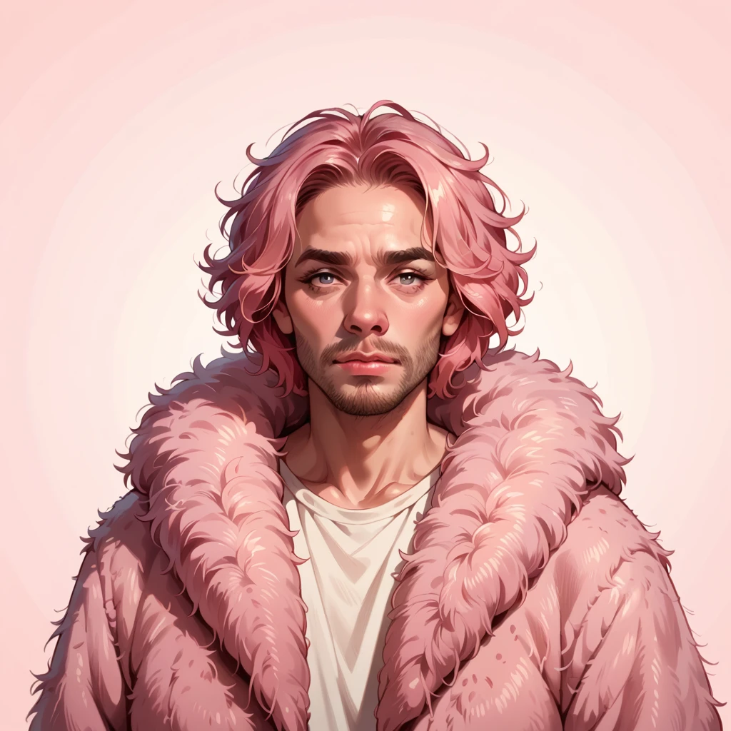 shaggy bearded woman hairy all over, blond hair, hair on chest and hands, pink fur coat