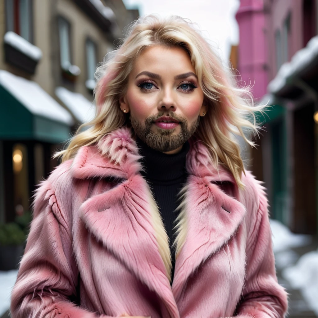 shaggy bearded woman hairy all over, blond hair, pink fur coat