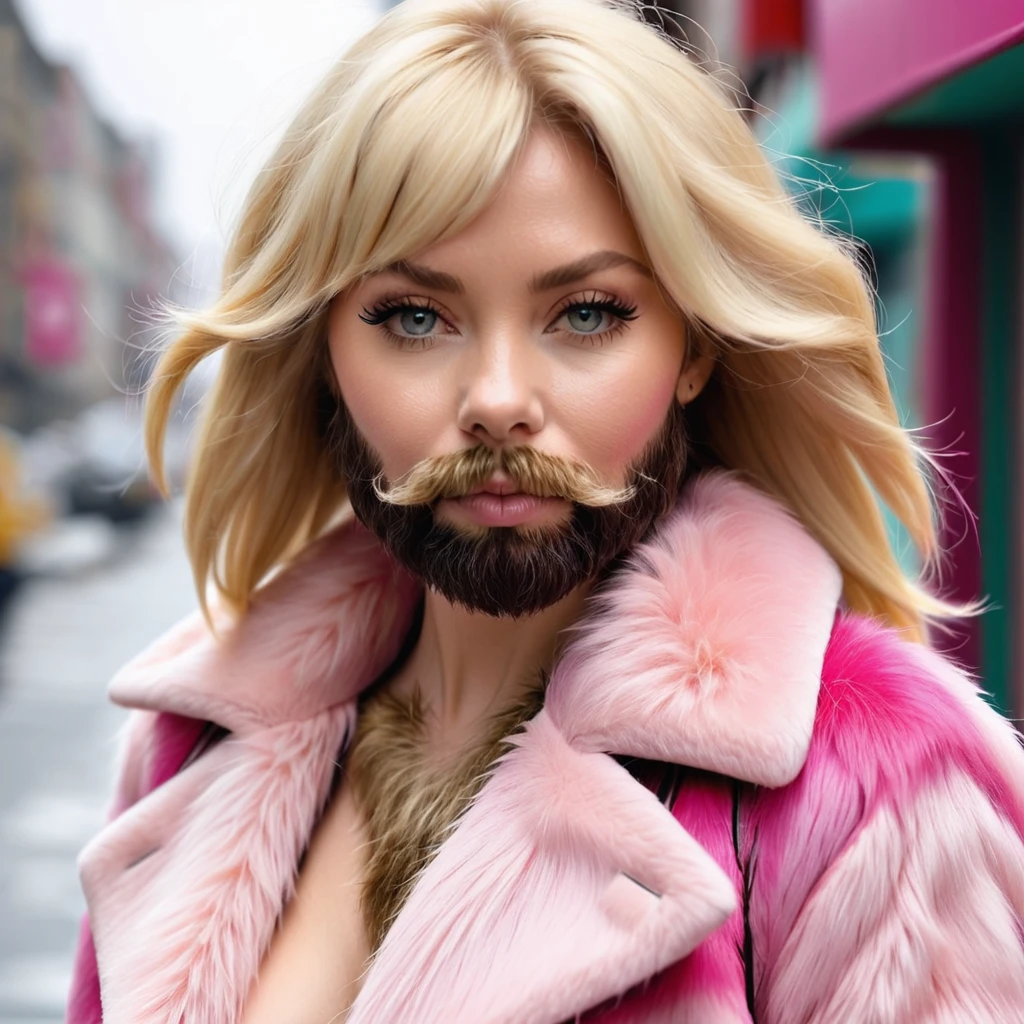 shaggy bearded woman hairy all over, blond hair, pink fur coat