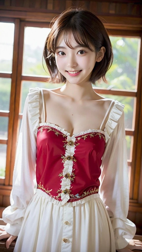 incredibly absurd, beautiful and cute 20-year-old Korean girl with a photorealistic face, showcasing top-quality craftsmanship. Her slender frame adorned with short, messy hair. The artwork high-resolution, allowing for ultra-detailed features to be captured flawlessly. The girl is wearing Christmas Costume. The focus lies on the realistic pupils, showcasing depth and emotion. ((breasts out)) cute smile.
