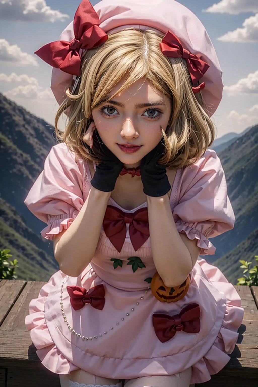 (masterpiece),(best quality), lambdadelta ,dress, striped stockings, red bow, pink hat, necklace, gloves, pearl, pumpkin brooch, crazy face, upper body, persistent stare, mountains, forest, looking at the viewer, red sky, yandere trance, yandere, hands on own face,hands on own cheeks, blank eyes, blush, large smile, (yandere smile)