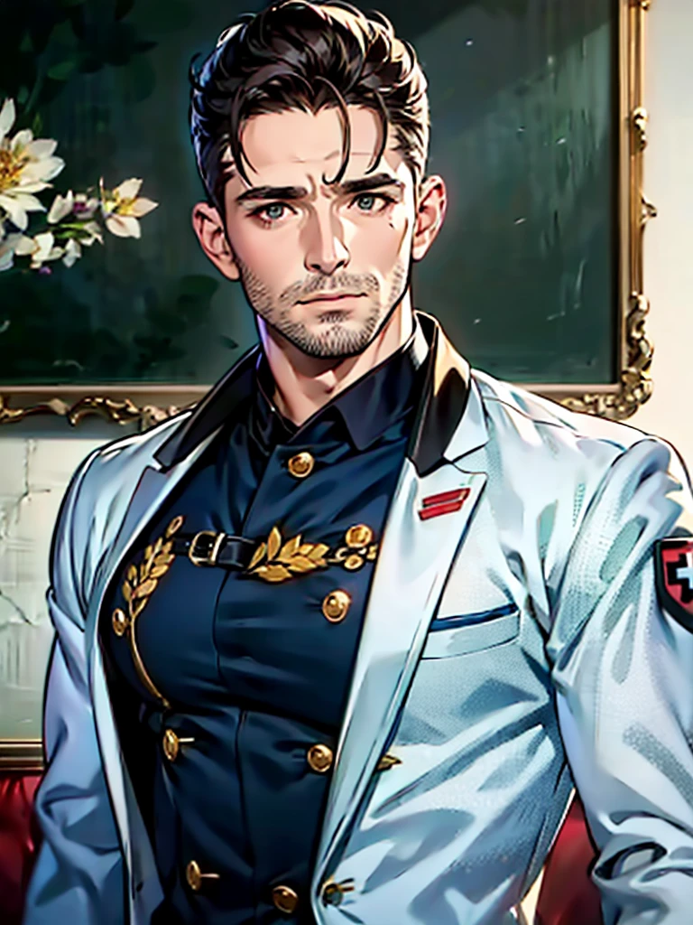 a 35 year old man with red short hair, grey eyes, moles all over the body, wearing an official uniform, portrayal of masculinity, teacher, medic, best quality, 4k, 8k, highres, masterpiece, ultra-detailed, realistic, photorealistic, photo-realistic, cinematic lighting, highly detailed face and body, sharp focus, vivid colors, anime style
