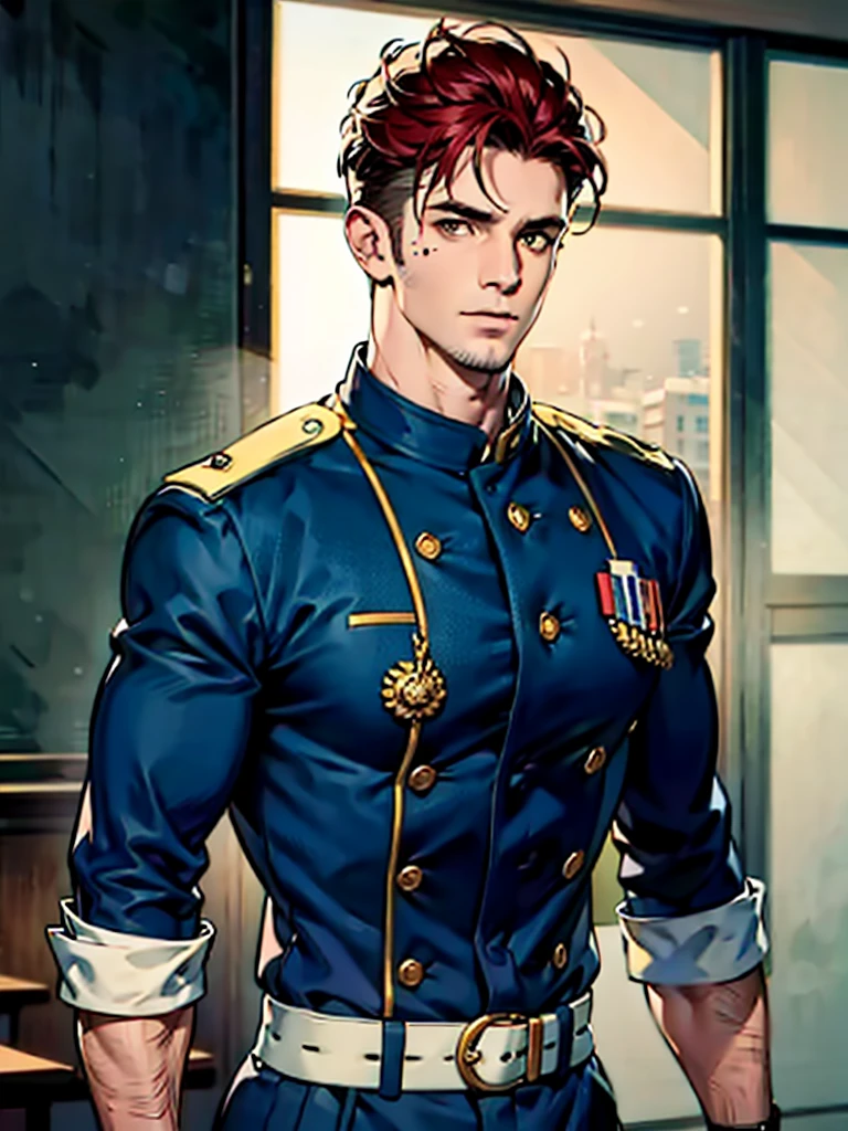 a 35 year old man with red short hair, grey eyes, moles all over the body, wearing an official uniform, portrayal of masculinity, teacher, medic, best quality, 4k, 8k, highres, masterpiece, ultra-detailed, realistic, photorealistic, photo-realistic, cinematic lighting, highly detailed face and body, sharp focus, vivid colors, anime style