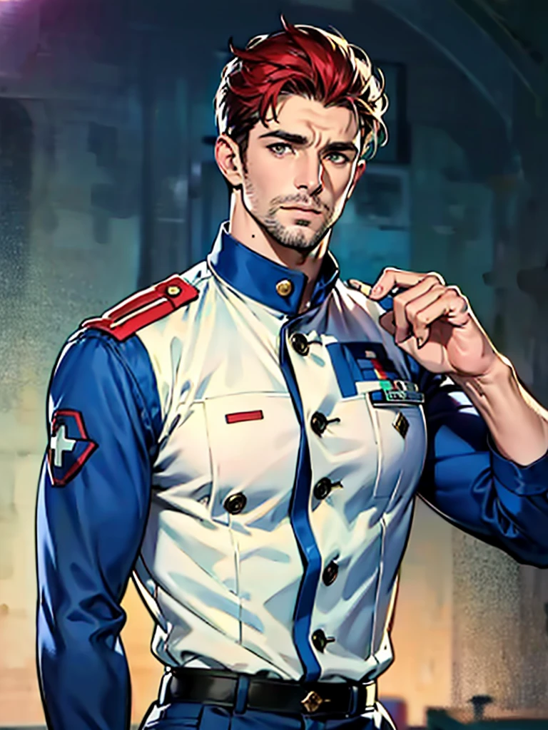 a 35 year old man with red short hair, grey eyes, moles all over the body, wearing an official uniform, portrayal of masculinity, teacher, medic, best quality, 4k, 8k, highres, masterpiece, ultra-detailed, realistic, photorealistic, photo-realistic, cinematic lighting, highly detailed face and body, sharp focus, vivid colors, anime style