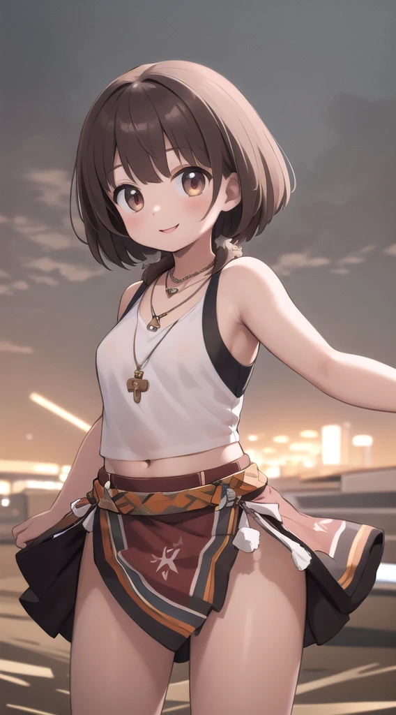 ((masterpiece,best quality)), absurdres,
Savage_Design, 1girl, bone necklace, tribal, brown hair, 
solo, smiling, looking at viewer, cowboy shot, 
cinematic composition, dynamic pose,