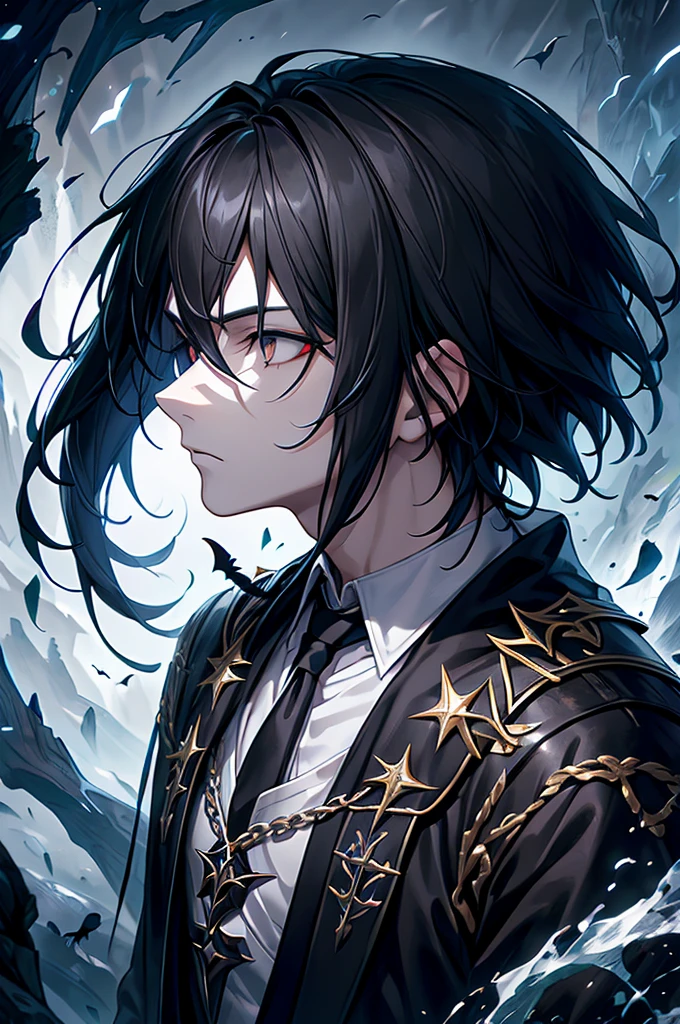 1 boy, black hair, black eyes, black feather jacket, crow, fantasy, side view, hand Forward, handsome, white skin, dark fantasy, dark forest, norse mythology, forest, short hair, teen, look at view