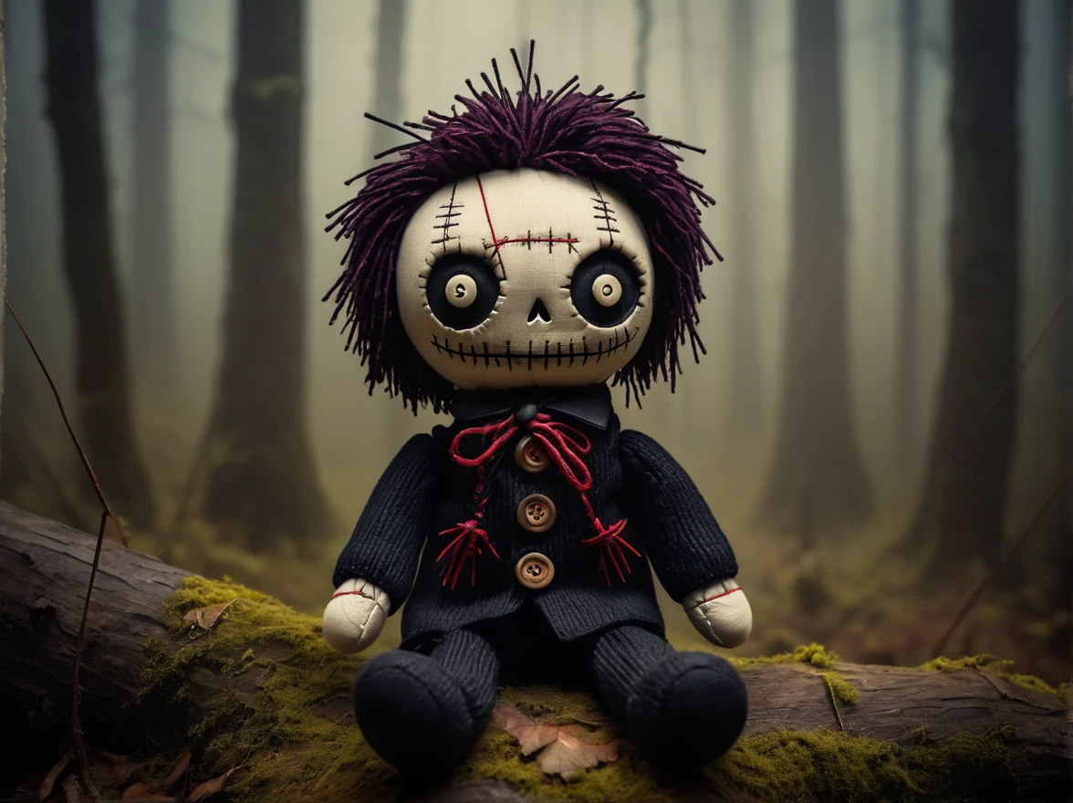 (knitted toy voodoo doll: 1.2), (needles stuck into voodoo: 1.9), triangle-shaped button eyes, gloomy atmosphere, background - dark, ominous forest with fog, gothic aesthetics, best quality, masterpiece, soft oil painting, detailed background, dramatic cinematic lighting, soft edge lighting, professional, dramatic lighting, hard edge lighting, ultra quality, 4k, masterpiece, best quality, 8k, super high definition, high definition, extremely detailed