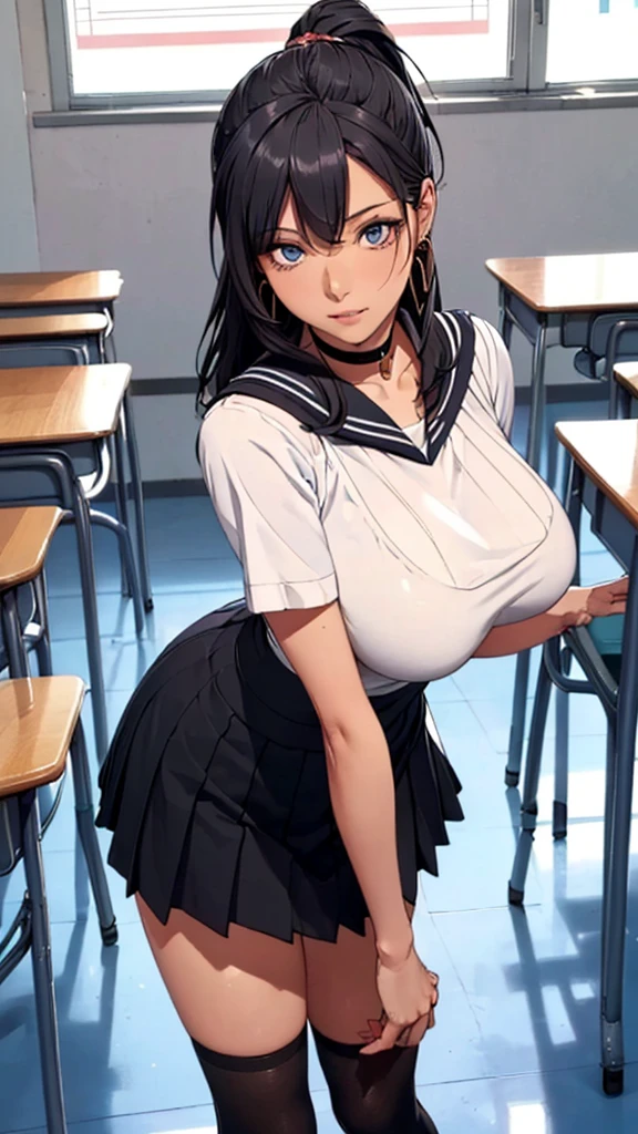 (((highest quality, High resolution, , Pixel Perfect, 4K))),((Correct Anatomy))、((Sailor suit))、(((School classroom))), ((highest quality)), ((Complex and detailed)), ((Black knee-high socks)), ((Mini Pleated Skirt))、An absurd solution, Mature Woman, Mature Woman, perspective, Very detailed,(((Full Body Shot)))、Great style、(Long Hair)、glamorous、Sailor suit、mini skirt、black tights、(((The whole body is visible))), One Woman, ((ponytail)), Perfect hands, Detailed fingers, Beautiful details,  Black choker, Earrings, Black Stockings, Perfect Eyes, Seductive eyes