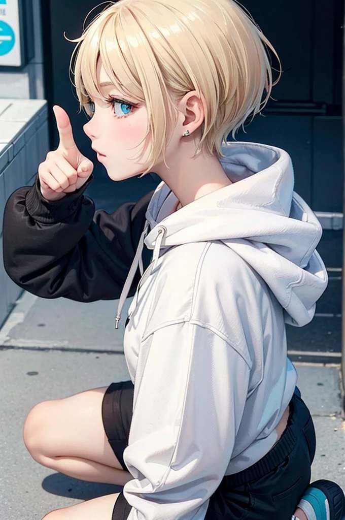 profile, blonde、short hair、girl 1、close up of face、city、composition from above、fashion、blonde hair、Short Mash Hair、、wearing a plain white hoodie、wearing black sneakers、turquoise eyes、black shorts、Making a thumbs up gesture,That's a nice tooth,Expressive eyes,,Dramatic shading and highlights,Ultra-fine strokes,Professional portrait,Perfect lighting, Thumbs up、thumbs up,Camera from the front