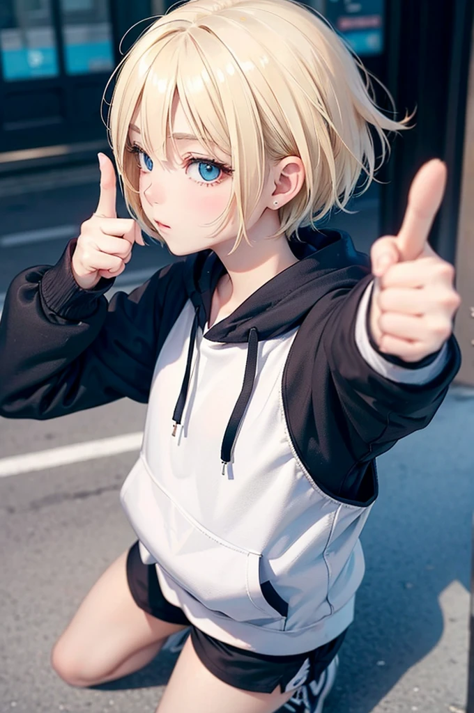profile, blonde、short hair、girl 1、close up of face、city、composition from above、fashion、blonde hair、Short Mash Hair、、wearing a plain white hoodie、wearing black sneakers、turquoise eyes、black shorts、Making a thumbs up gesture,That's a nice tooth,Expressive eyes,,Dramatic shading and highlights,Ultra-fine strokes,Professional portrait,Perfect lighting, Thumbs up、thumbs up,Camera from the front