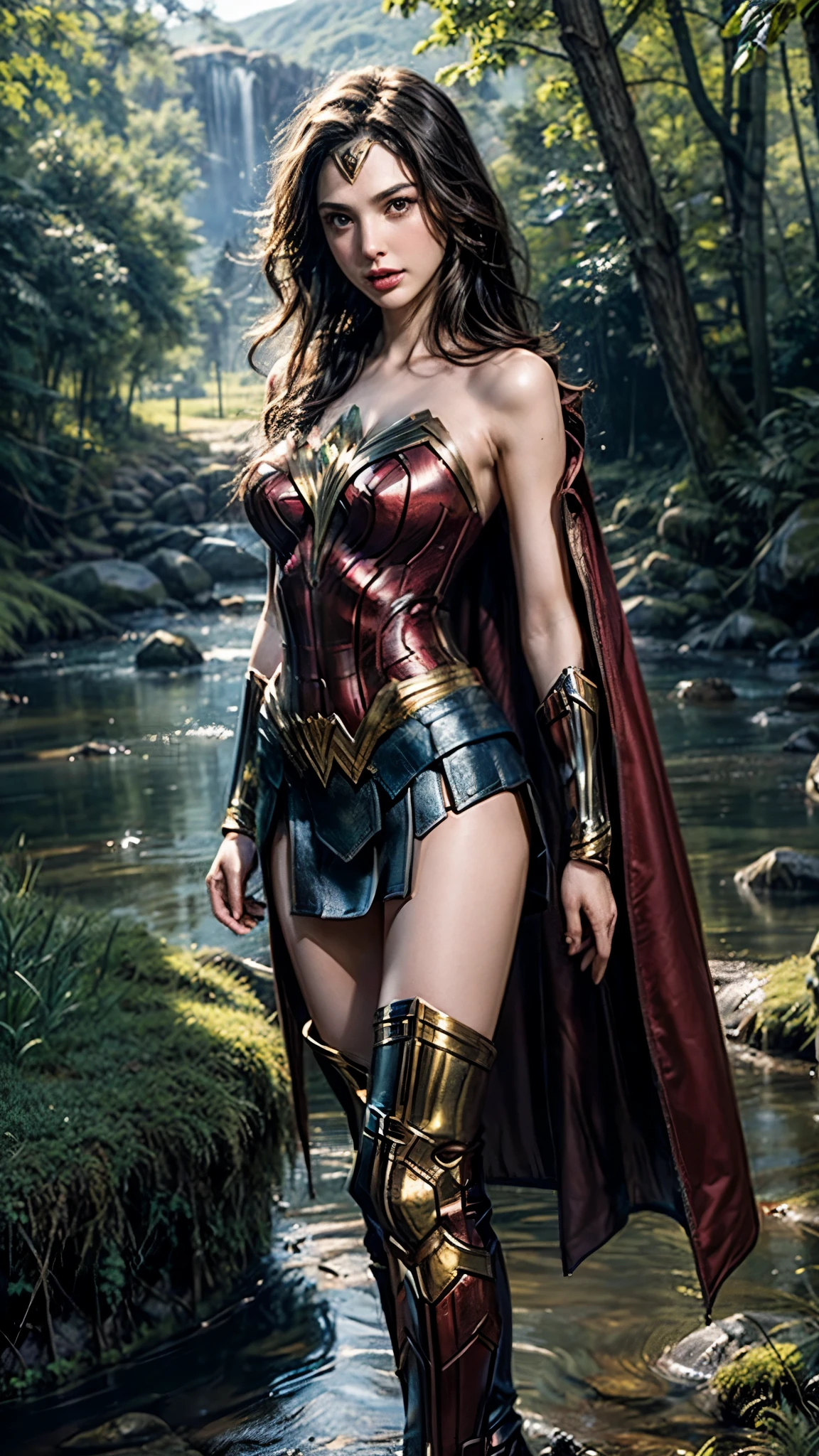 Gal Gadot, She breast size is M cup, full body, she very sexy, she have perfect body, she so beautifully,She have good eyes,She is full of charm, her poses are beautiful, close up,(((Woder Woman outfit))), Wonder Woman 
from DC Comics,8k,correct face,beautiful face,A beautiful sight,sparkling eyes,((Half body photograph)), ((close up)) (portrait)) bust,In the middle of nature,The sun shines,green field,mountain,forest,stream