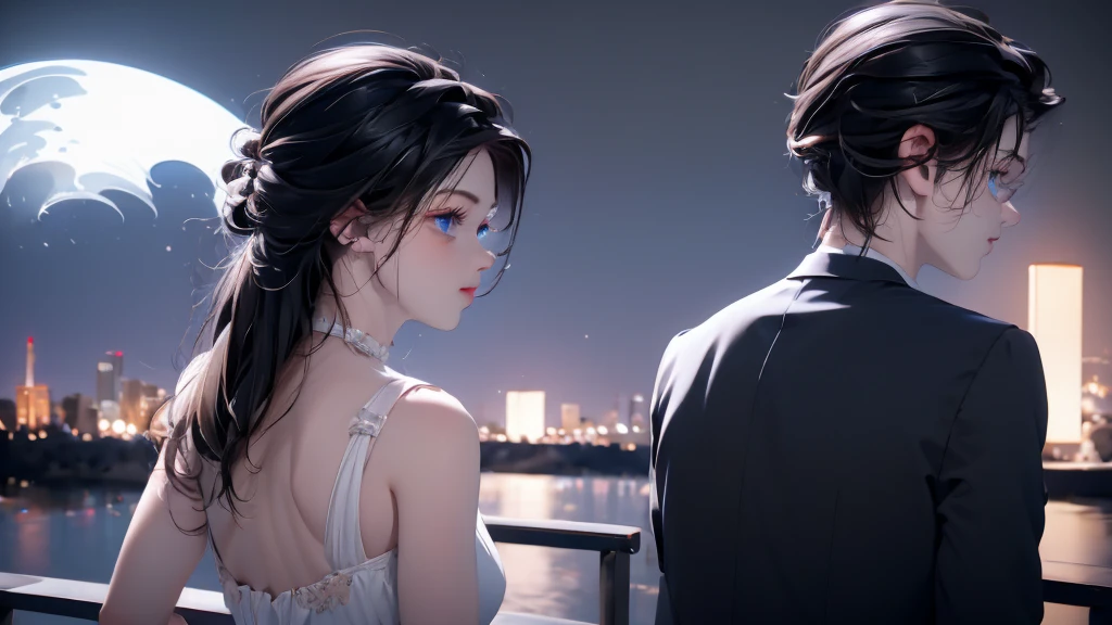 1 Boy&girl, medium light black hair, light blue eyes, wearing black suit, night city, 18+ , high res, ultrasharp, 8K, masterpiece, looking from behind
