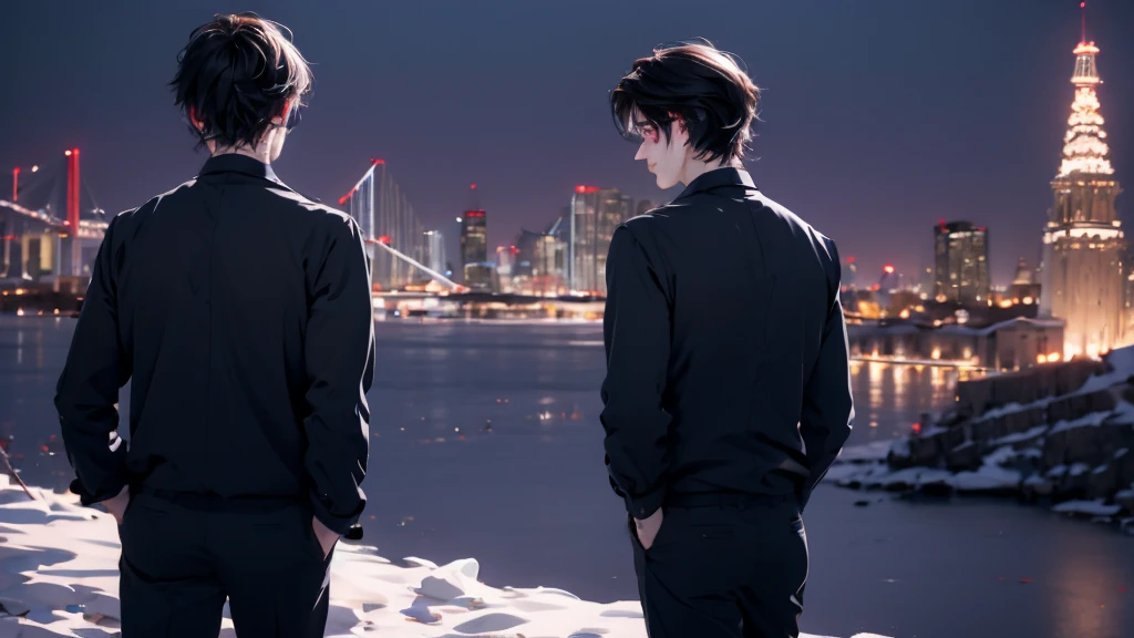 1 Boy&girl, medium light black hair, light blue eyes, wearing black suit, night city, ??? , high res, ultrasharp, 8K, masterpiece, looking from behind