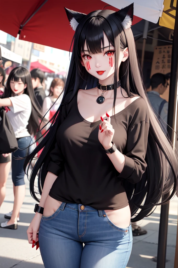 细致的Facial details，1 girl、Cat ear，Black long hair,red lips，Slim，Wearing a shirt，jeans，Large Breasts，Two hands，Two Legs，Charming red eyes,，handcuffs，collar，Radiant Skin，Facial details，Night scene street market