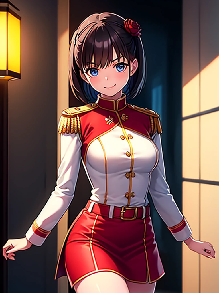 8K High Resolution、(((masterpiece)))、Anime Art、20 year old beauty、Fearless smile、Redhead short cut、167㎝、Small breasts、Blue Eyes、Imposing eyebrows、(((crimson military uniform)))、Vienna in the late 19th century、Austrian Army Officer、Silver rose ornament on chest、Beige knee-length skirt、Black boots、A Japanese sword hangs from his waist