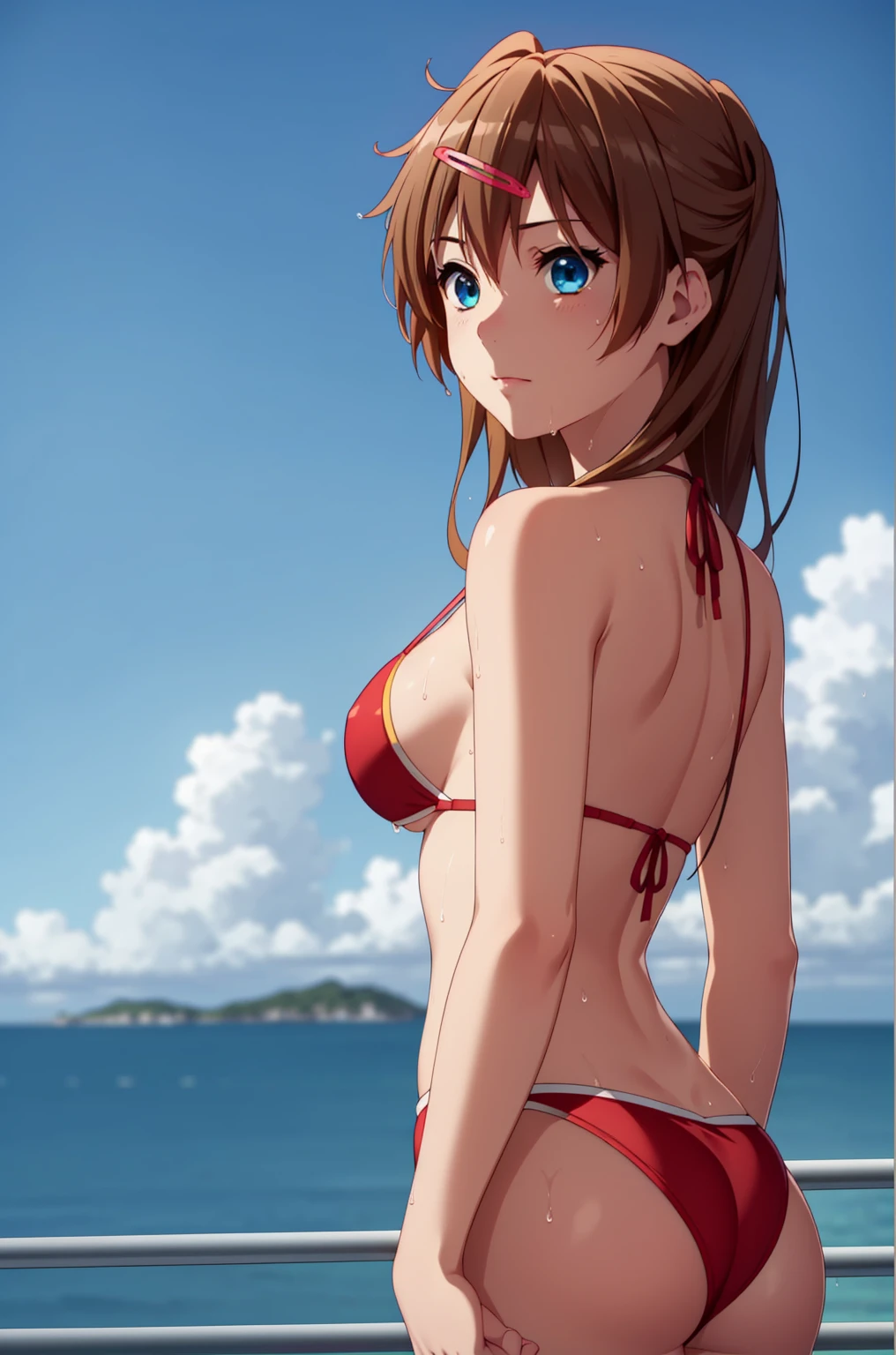 ((masterpiece, highest quality, High resolution, UHD, Pixel perfect, Depth of written boundary, 4K, rtx, HDR)), 1 Girl, single, alone, 24-years-old, Beautiful Anime Girls, Beautiful art style, anime character, ((Parted bangs, Brown Hair)), (blue eyes、Round eyes, Delicate eyelashes、Beautiful eyelashes, Perfect Eyes), (Detailed face:1.2), (Smooth texture:0.75, Realistic texture:0.65, Realistic:1.2, Cinematic, Anime CG Style), Perfect body, Ocean:1.3、Moderately good breasts:1.7、Red Micro Bikini Swimsuit:1.8、Visible from the thighs:1.9、Wet、Water Drop、Splash、nsfw、visible from below、Seen from behind、Oceanの中、Leaning forward、Bend