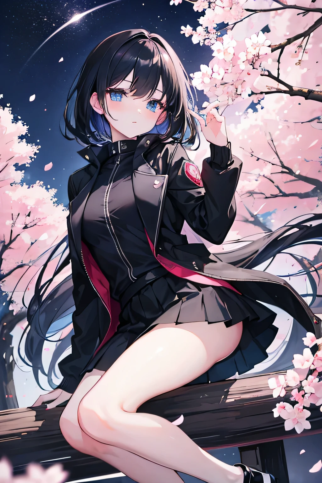 A beautiful girl in a black jacket and short skirt black with blue eyes in Cherry blossom moment night sky full moon