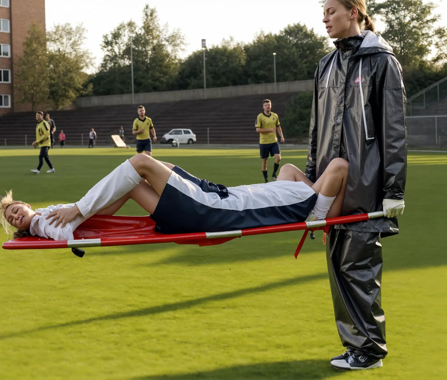 there is a man laying on a stretcher on a soccer field, on a soccer field, Greta Thunberg wearing a shiny pvc tracksuit, greta thunberg in a high shine vinyl rainsuit carrying a stretcher on a soccer field, an excessively madeup age girl in a laquered coat, a passionately shouting teengirl in a laquered coat, there is a sportsman in white shorts and a white t-shirt lying injured on a stretcher, there is an injured sportsman who is covering his face on a stretcher, an injured sportsman is covering his face with his hands, an injured sportsman is writhing in ecstasy on a stretcher, dramatic pity pose, there is a latino woman in a high-shine puffy coat, a high-shine black down coat, a long black moncler coat, a wetlook down coat, a wet black laquered coat, a latino wife is wearing a wetlook black uniform, injured, medic, very professional, soccer action pose, affection pose, lecherous action pose, dramatic action pose, theatralic pose, there is an attractive woman that is carrying a skinny man, there is a beautiful woman in a shiny coat who is carrying a blond man on a wetlook orange stretcher, a longhaired beautiful woman in a high-shine black puffy coat, a longhaired woman in a shiny downcoat, a woman is carrying a shorthaired man who is wearing shorts and a t-shirt, a weak man in spots shorts is consciousless and needs to be carried, a shorthaired man with closed eyes is carried on a stretcher by a longhaired woman, a woman looks very scared and terrified, a consciousless man with closed eyes is suffering very much and has a very painful face, photo, photo shoot, photographed , accident, help, aid, first aid, pity