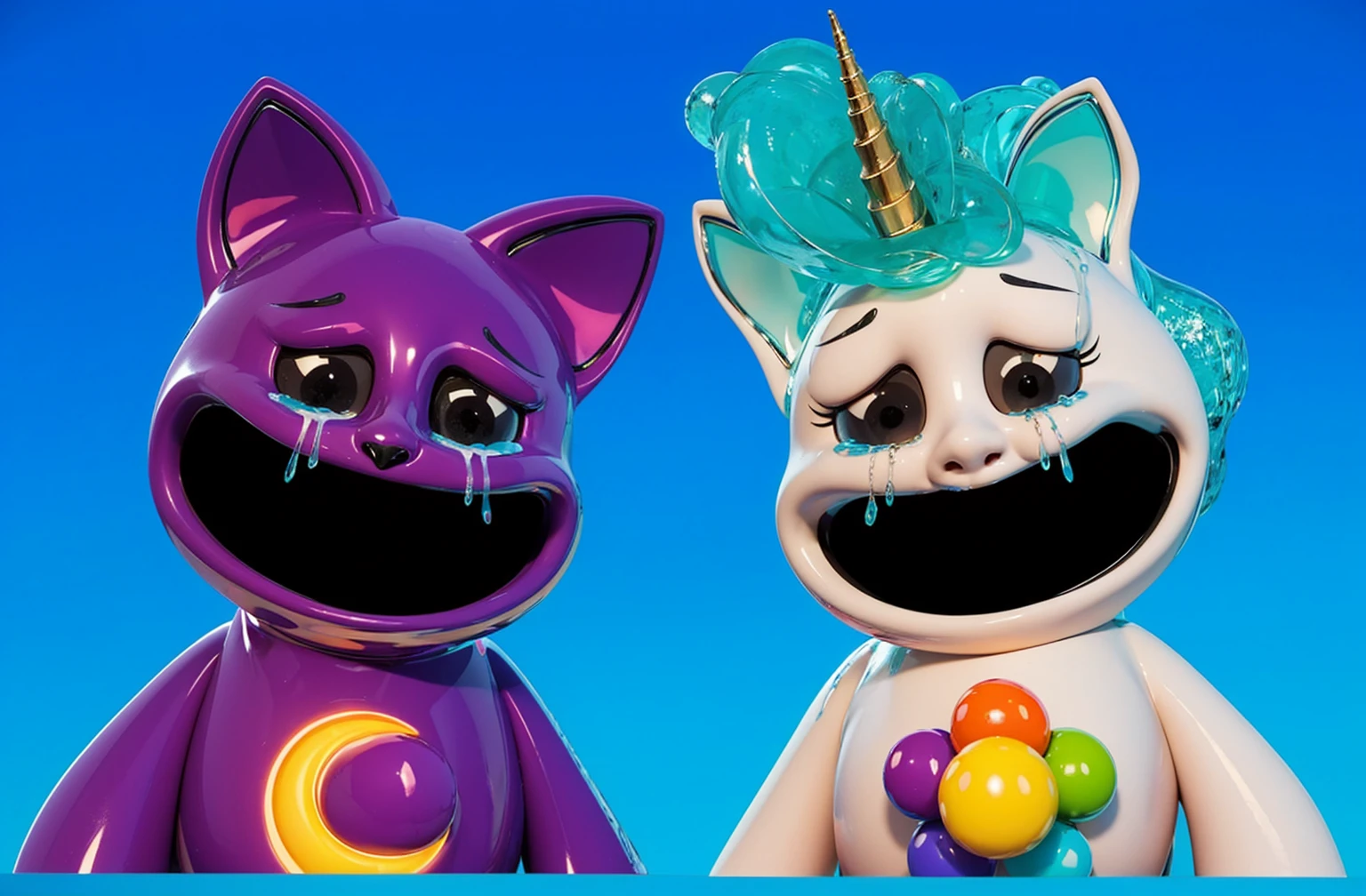clouds, A 3D, glossy scene featuring two adorable latex-like purple cats with a shiny, plastic finish. The cats have large, expressive eyes and are positioned playfully on fluffy clouds in the night sky. The lighting is realistic, highlighting the glossy, reflective surfaces of the cats clouds and creating a vibrant, magical atmosphere. The overall clouds effect is smooth and polished, with the latex clouds and plastic textures enhancing the whimsical and lifelike appearance of the characters. cloudscartoon keyframe rendering, cute 3D rendering,,Create ultra sharp  цветной рендеринг zbrush. perfect cgi, cgi art created only with gradients, smooth silhouette, Create ultra sharp skin, high intensity refraction, (plastic material), most beautiful vfx, blue background, plastic refractions, glossy texture, smooth 3d model, multiple light sources, rim light, sharp post effects render, (glossy plastic texture with multiple big light probe refractions), perfect cgi, cgi art created only with gradients, smooth silhouette, high intensity refraction, (plastic material), most beautiful vfx, blue background