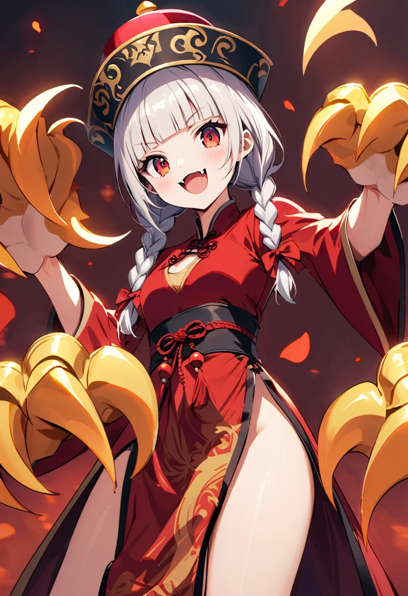 cute, Beautiful young woman with twin braids and blunt bangs, Wearing Qingdao crown hat and traditional Chinese costume. She has red eyes and small fangs, Posing with claws raised, Conveying her supernatural qualities as a Jiangshi (Chinese Vampire). The imagery must be whimsical, Folklore style.