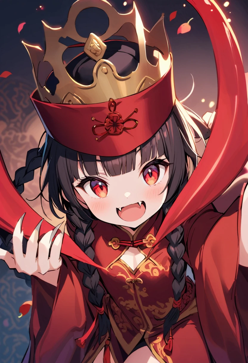 cute, Beautiful young woman with twin braids and blunt bangs, Wearing Qingdao crown hat and traditional Chinese costume. She has red eyes and small fangs, Posing with claws raised, Conveying her supernatural qualities as a Jiangshi (Chinese Vampire). The imagery must be whimsical, Folklore style.