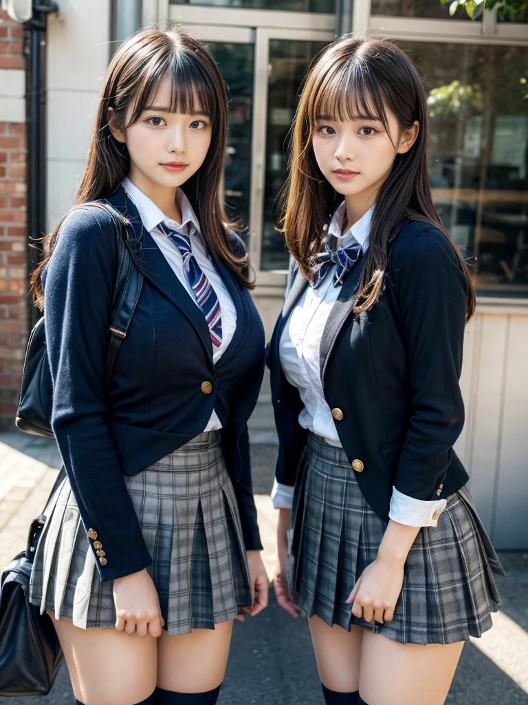 masterpiece, best quality, illustration, Super detailed, fine details, High resolution, 8K,wall paper, perfect dynamic composition,(Details High quality, realistic depiction of eyes:1.3), (2 girls, 2 schoolgirls:1.2), from side, High School Classroom、High school girl uniform、blazer 、Super Short Check Uniform Skirt、Navy blue high socks、garterbelts、Colossal tits、Disturbed uniform, short bob hair, black hair color, huge breasts, Big Natural Color Lip, bold sexy pose, (perfect body shape), crying a little、 Harajuku style、20 year old girl、 beautiful legs, hposing Gravure Idol, Voluptuous thighs