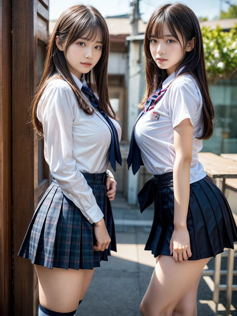 masterpiece, best quality, illustration, Super detailed, fine details, High resolution, 8K,wall paper, perfect dynamic composition,(Details High quality, realistic depiction of eyes:1.3), (2 girls, 2 schoolgirls:1.2), from side, High School Classroom、High school girl uniform、blazer 、Super Short Check Uniform Skirt、Navy blue high socks、garterbelts、Colossal tits、Disturbed uniform, short bob hair, black hair color, huge breasts, Big Natural Color Lip, bold sexy pose, (perfect body shape), crying a little、 Harajuku style、20 year old girl、 beautiful legs, hposing Gravure Idol, Voluptuous thighs