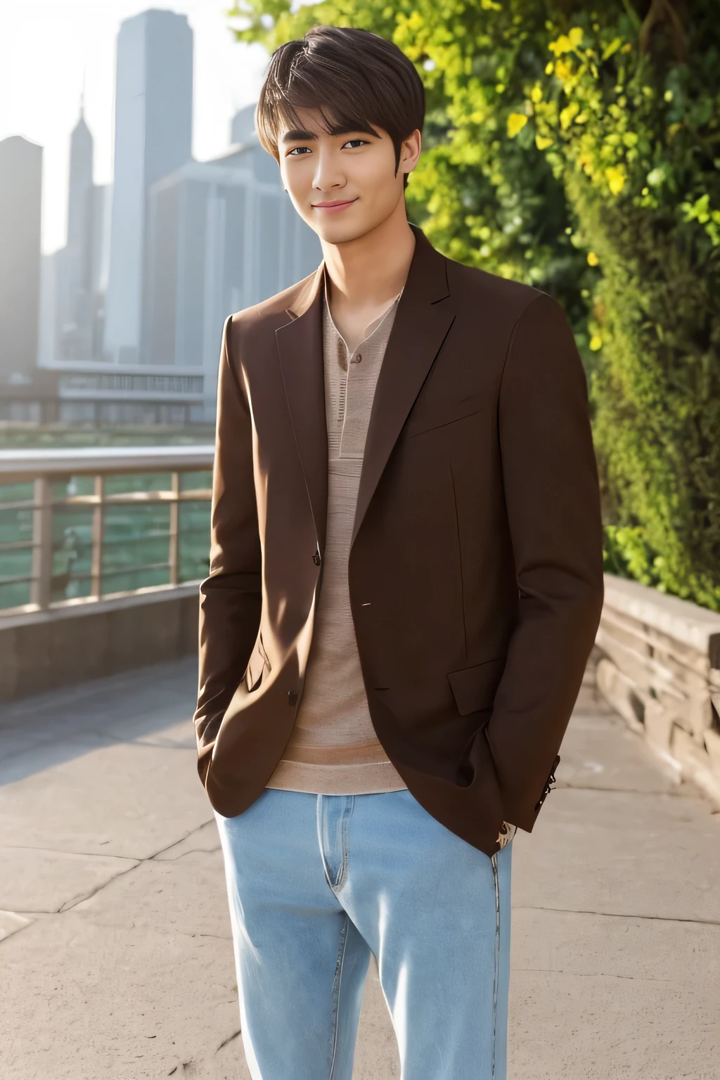 Age 25々Cool guy、What it's like to be a model、Chic and casual clothing、Delicate face、good looking、The hair color is brown、Brown eyes、Daytime on a sunny day、Cool standing figure、The scenery in the background is a cityscape、Live-action shooting style、High quality 8K、Bright smile、Like a model、