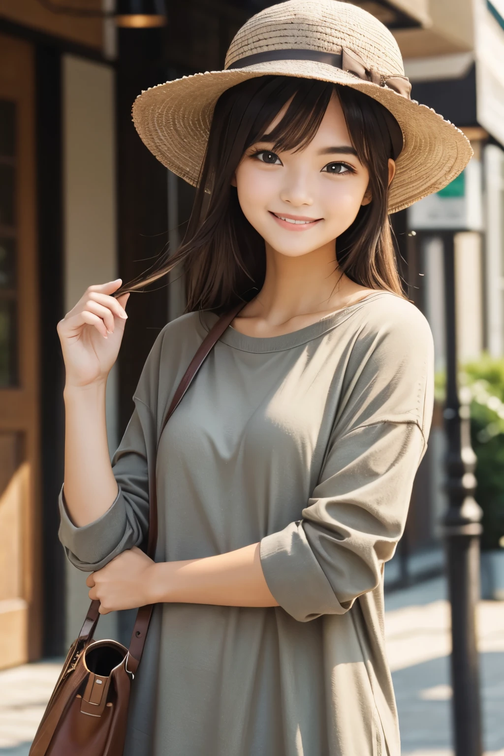Smiling face, casual clothes, earth color clothes, natural color hat, small bag