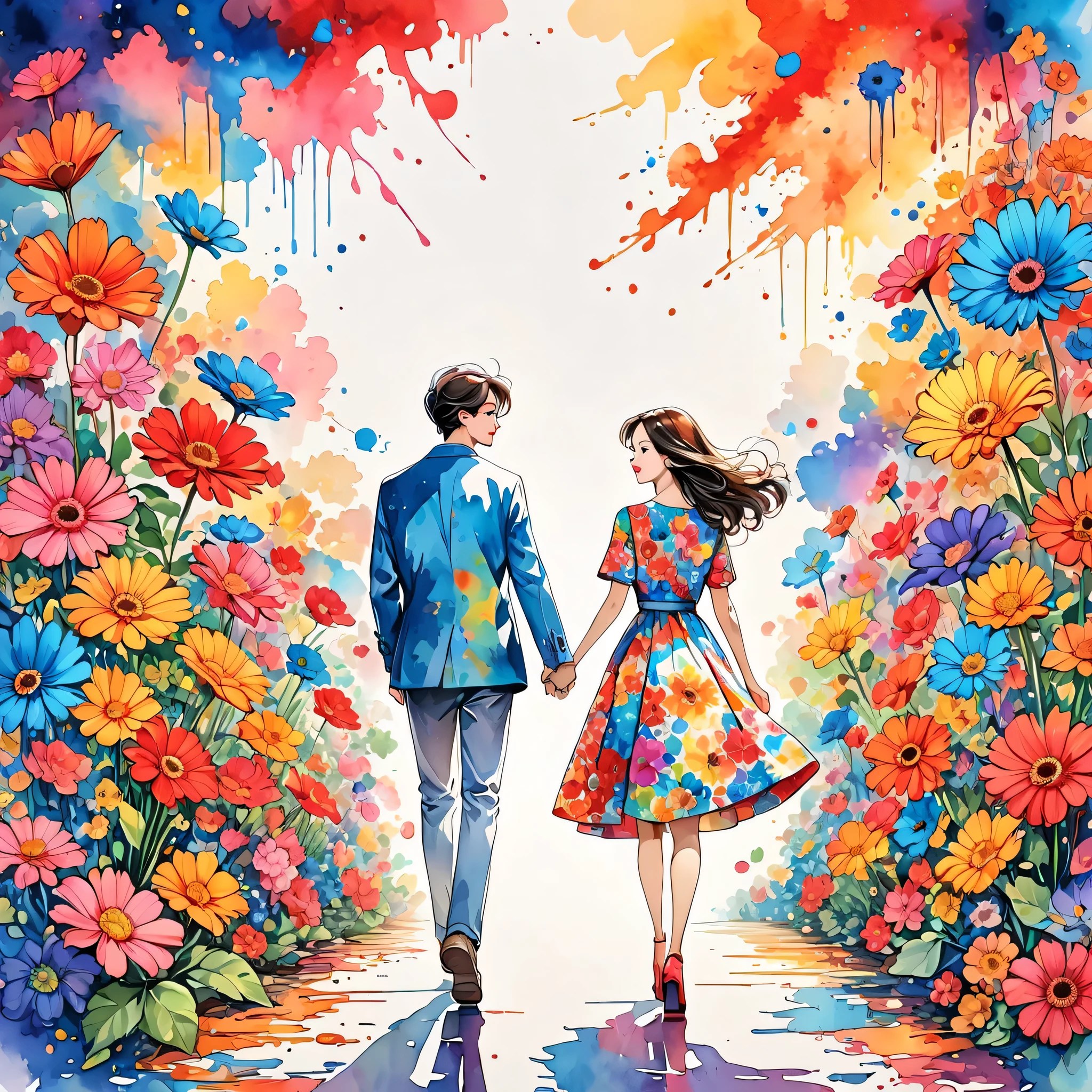 Hayao Miyazaki Style、(((stylish fashion))), 8K Quality、Intense watercolor, Detailed watercolor art, Watercolor splash, Surreal, avant-garde pop art, Beautiful and expressive paintings, Beautiful artwork illustration, Very colorful tones, wonderful, Cool beauty, highest quality、Official Art, Vector art, Stylish design, (((The most beautiful girl))), (((highest quality))), HDR, ((detailed)), (((Doodle Art)), ((masterpiece)), ((Super detailed)), (((Colorful flowers))),(((Stylish))), Lips in love, walking