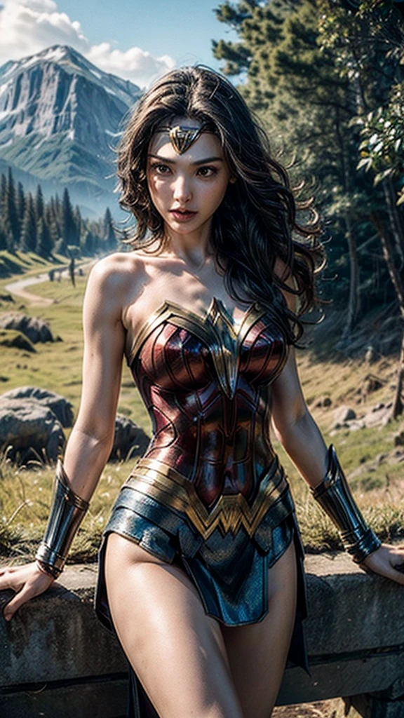 Gal Gadot, She breast size is M cup, full body, she very sexy, she have perfect body, she so beautifully,She have good eyes,She is full of charm, her poses are beautiful, close up,(((Woder Woman outfit))), Wonder Woman 
from DC Comics,8k,correct face,beautiful face,A beautiful sight,sparkling eyes,((Half body photograph)), ((close up)) (portrait)) bust,In the middle of nature,The sun shines,green field,mountain,forest,stream