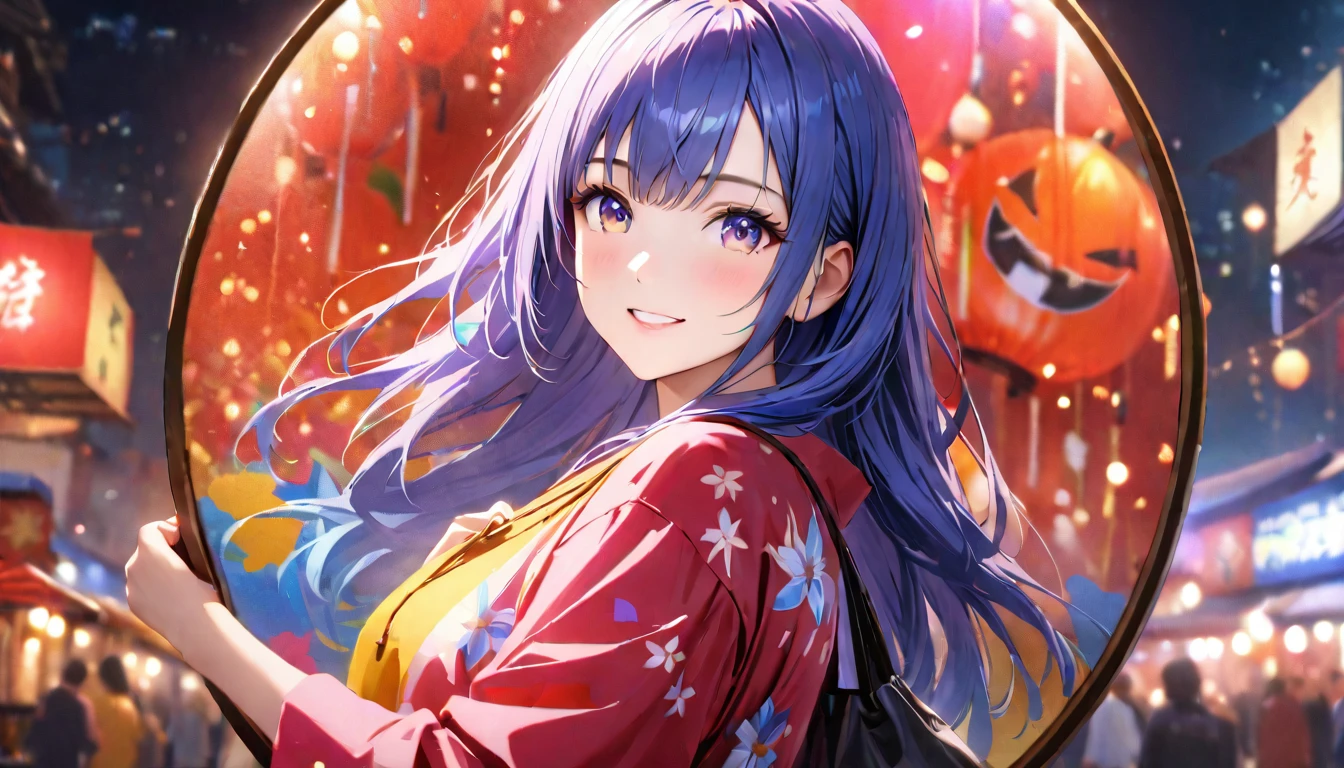 Summer festival,night, yukata, Have a drawstring bag,Blur the background,High school girls,Long Hair,smile,Glitter effect,highest quality, 4K, 8k, High resolution, masterpiece:1.2, Very detailed, Realistic:1.37, High resolution, 超High resolution, Ultra-fine painting, Sharp focus, Physically Based Rendering, Very detailedな説明, Professional, Vibrant colors