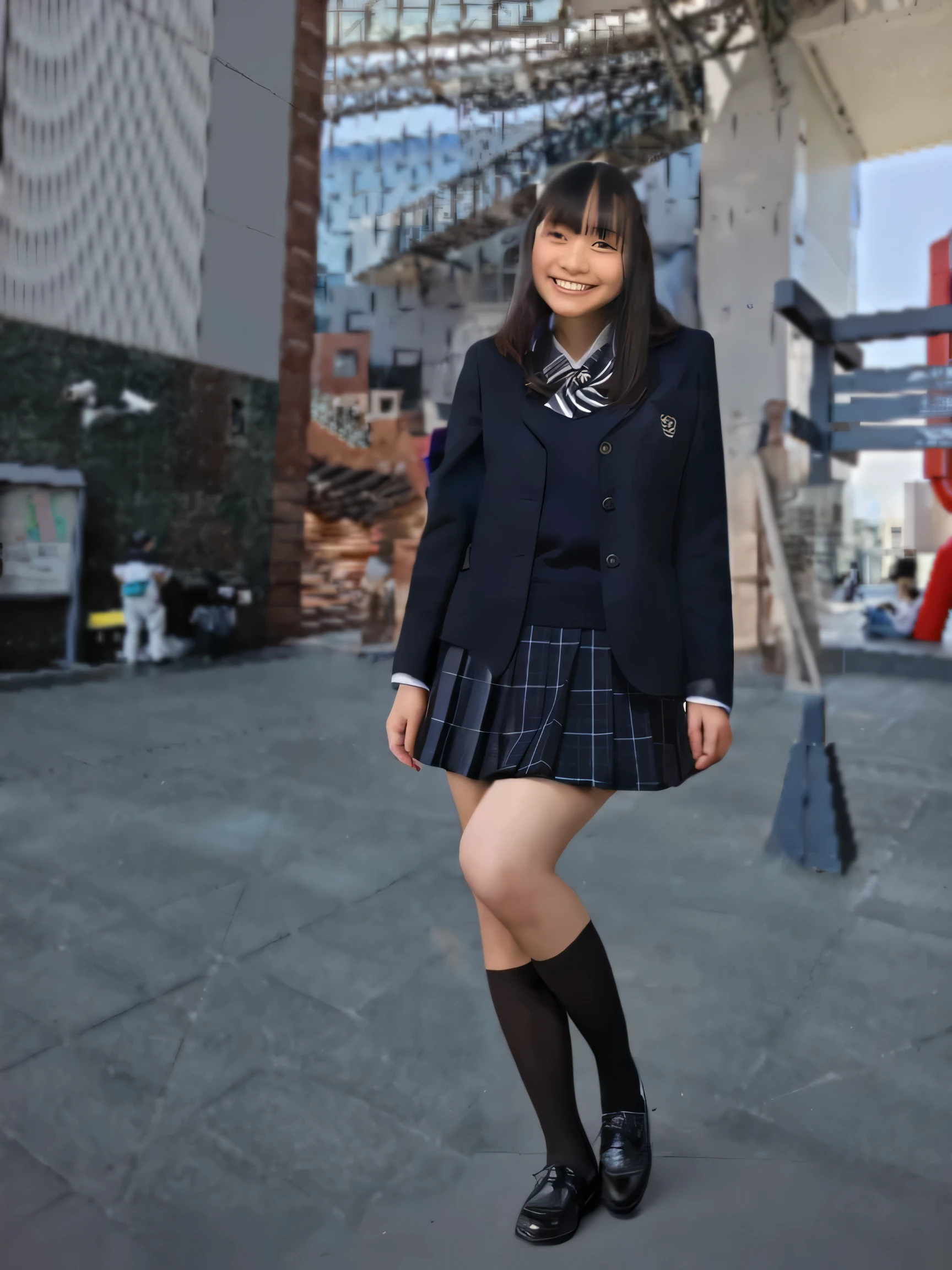 highest quality,Super detailed,One high school girl,Standing in front of the station,Pleated mini skirt,Black loafer shoes,Posing for a photo