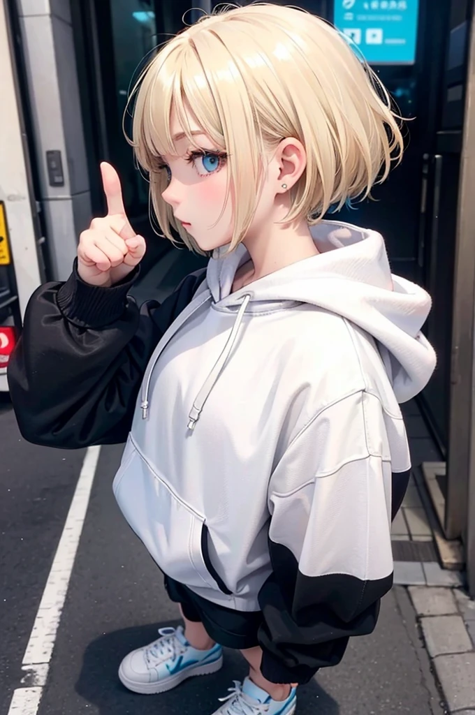 profile, blonde、short hair、girl 1、close up of face、city、composition from above、fashion、blonde hair、Short Mash Hair、、wearing a plain white hoodie、wearing black sneakers、turquoise eyes、black shorts、Making a thumbs up gesture,That's a nice tooth,Expressive eyes,,Dramatic shading and highlights,Ultra-fine strokes,Professional portrait,Perfect lighting, Thumbs up、thumbs up,Camera from the front