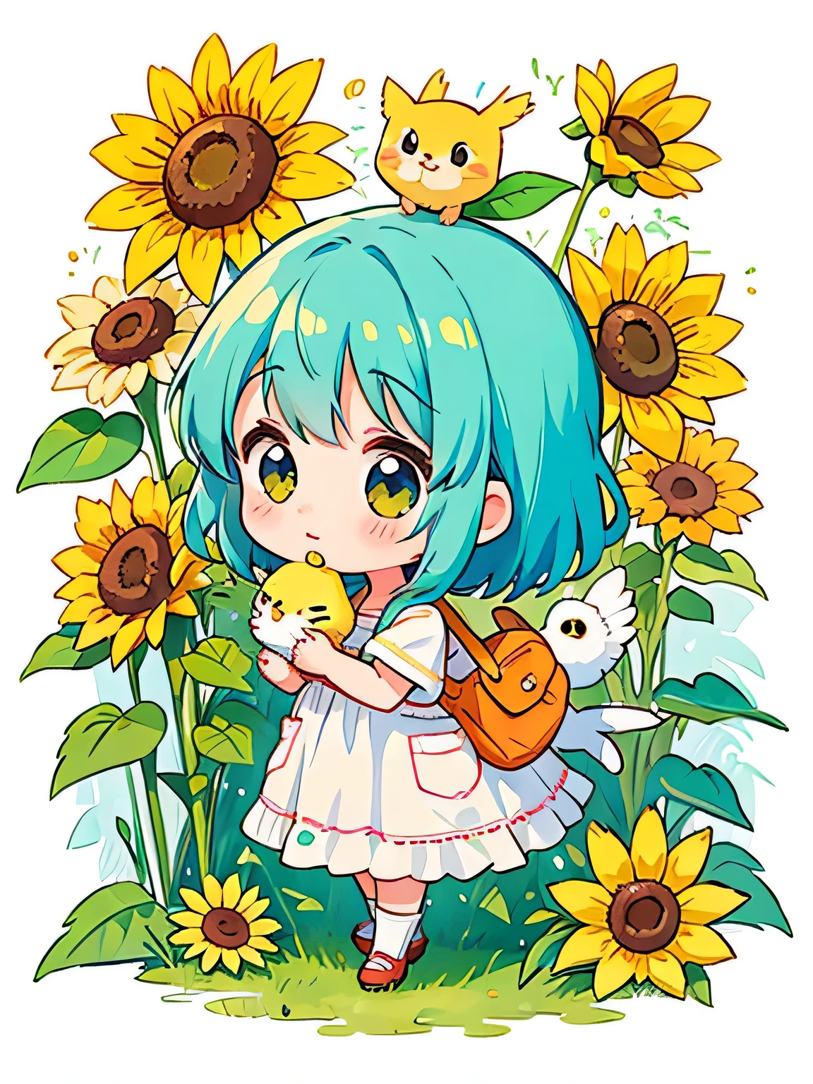 Meru Kishida style, Kawaii Design, most beautiful girl ever、Chibi, kind eyes、birdie、sunflower、A kitten pops out of a pocket