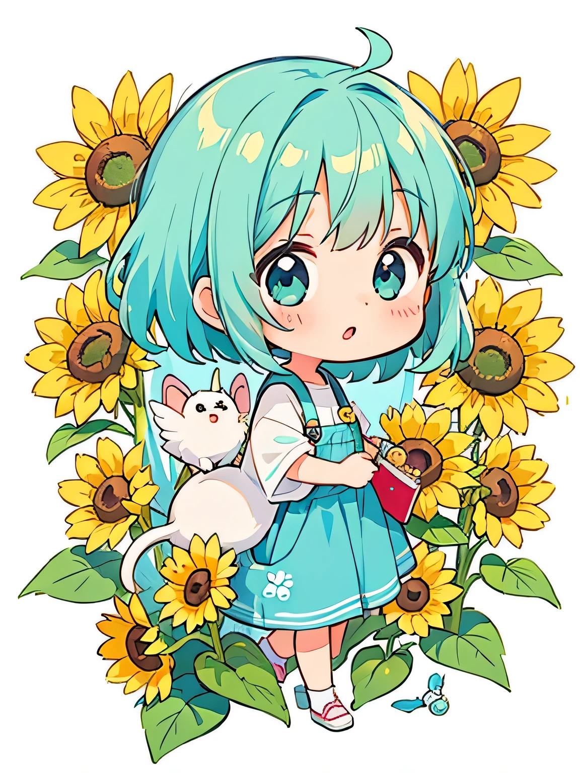Meru Kishida style, Kawaii Design, most beautiful girl ever、Chibi, kind eyes、birdie、sunflower、A kitten pops out of a pocket