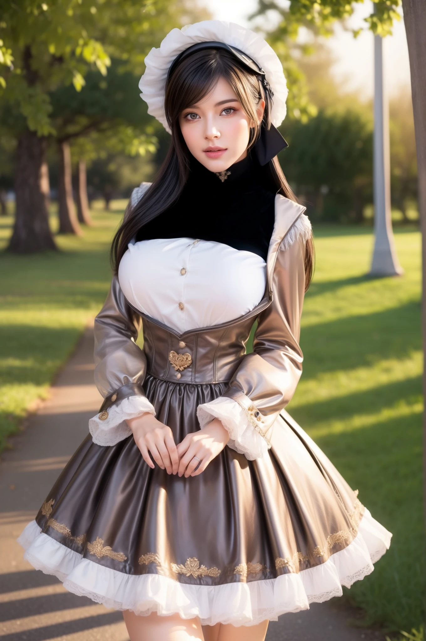 (Hyper-realistic) , (illustratio), (Increase the resolution),(8K), (Most Best Illustration),(extremely detaile), (Beautiful and delicate eyes),(The face is super detailed), (Detailed face), solo,1个Giant Breast Girl, looking at viewert, in the darkness nigth, deep shading, ssmile,cabelos preto e longos，（（（Russian women's uniform：1.8）））