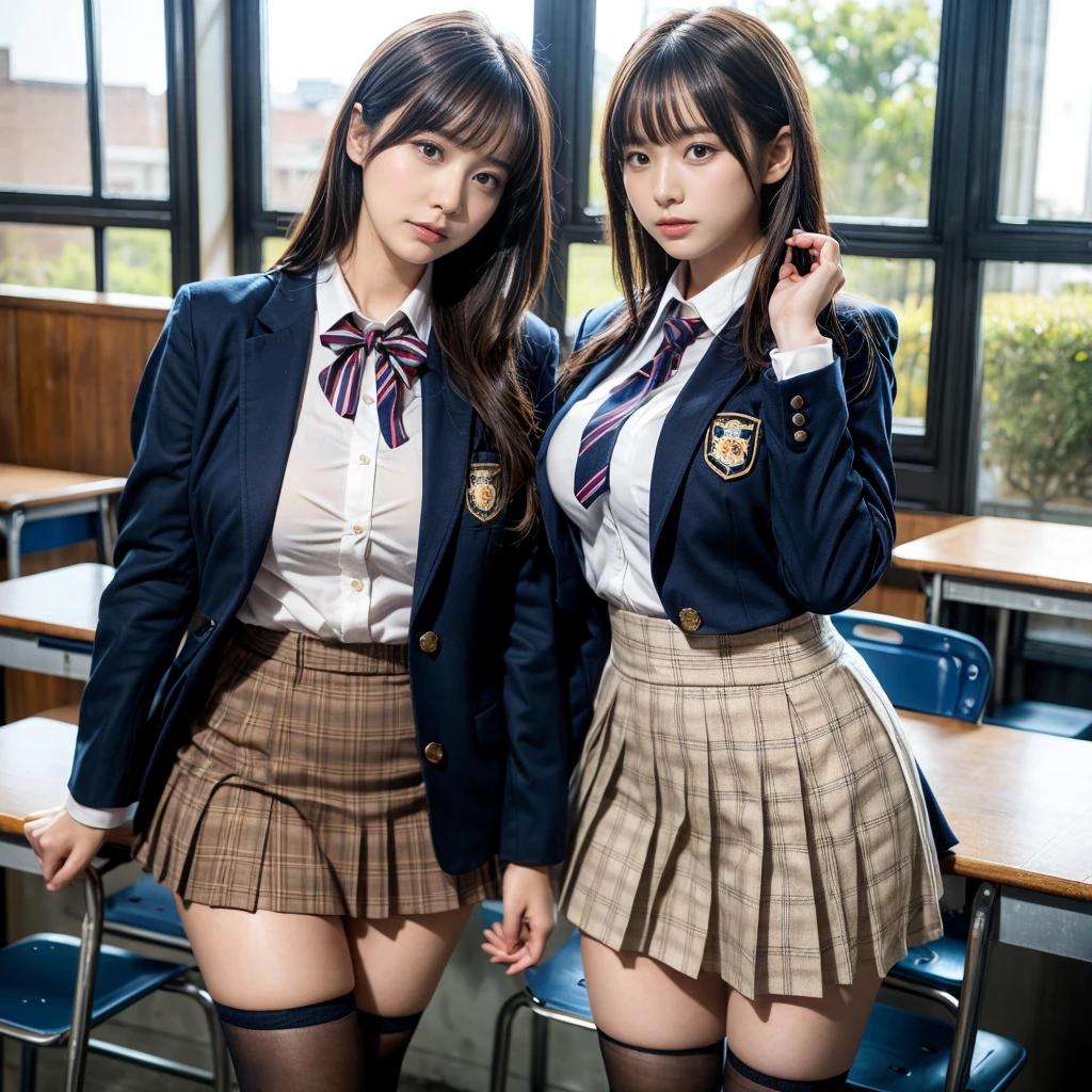 masterpiece, best quality, illustration, Super detailed, fine details, High resolution, 8K,wall paper, perfect dynamic composition,(Details High quality, realistic depiction of eyes:1.3), (2 girls, 2 schoolgirls:1.2), from side, High School Classroom、High school girl uniform、blazer 、Super Short Check Uniform Skirt、Navy blue high socks、garterbelts、Colossal tits、Disturbed uniform,  short bob hair, black hair color, huge breasts, Big Natural Color Lip, bold sexy pose, (perfect body shape), crying a little、 Harajuku style、20 year old girl、 beautiful legs, hposing Gravure Idol, Voluptuous thighs