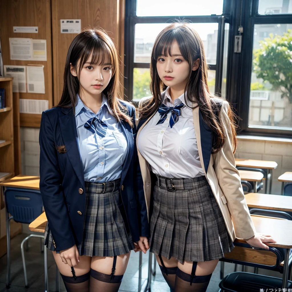 masterpiece, best quality, illustration, Super detailed, fine details, High resolution, 8K,wall paper, perfect dynamic composition,(Details High quality, realistic depiction of eyes:1.3), (2 girls, 2 schoolgirls:1.2), from side, High School Classroom、High school girl uniform、blazer 、Super Short Check Uniform Skirt、Navy blue high socks、garterbelts、Colossal tits、Disturbed uniform,  short bob hair, black hair color, huge breasts, Big Natural Color Lip, bold sexy pose, (perfect body shape), crying a little、 Harajuku style、20 year old girl、 beautiful legs, hposing Gravure Idol, Voluptuous thighs