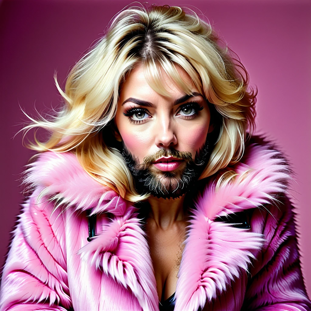 shaggy bearded woman hairy all over, blond hair, hair on chest and hands, pink fur coat