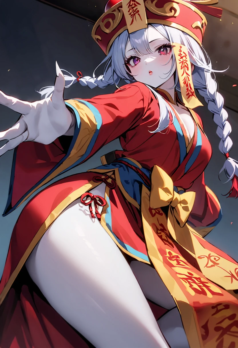 Beautiful young cosplayer dressed as a Jiangshi, White skin, Rosy Cheeks, And the dark circles under her eyes. She is wearing a traditional Qingdao crown hat and a talisman.、Wearing loose-fitting Hanfu with exaggerated sleeves。. Her hair is、Her hair is cut short and braided into two braids.。, Her lips are painted bright red, It contrasts playfully with her. "Undead" exterior. She poses with her arms outstretched, Fingers curled like claws, An adorable and playful twist on the iconic Jiangshi pose.