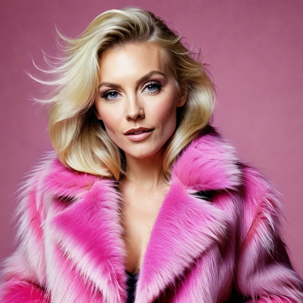 shaggy bearded woman hairy all over, blond hair, hair on chest and hands, pink fur coat