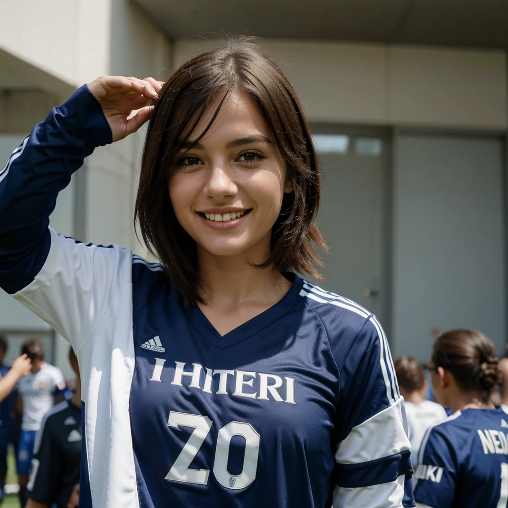 the girl is smiling. the girl is dressing the intermilan's football shirt
