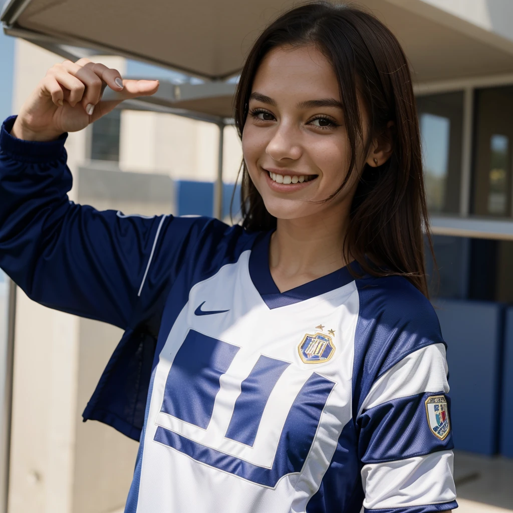 the girl is smiling. the girl is dressing the intermilan's football shirt
