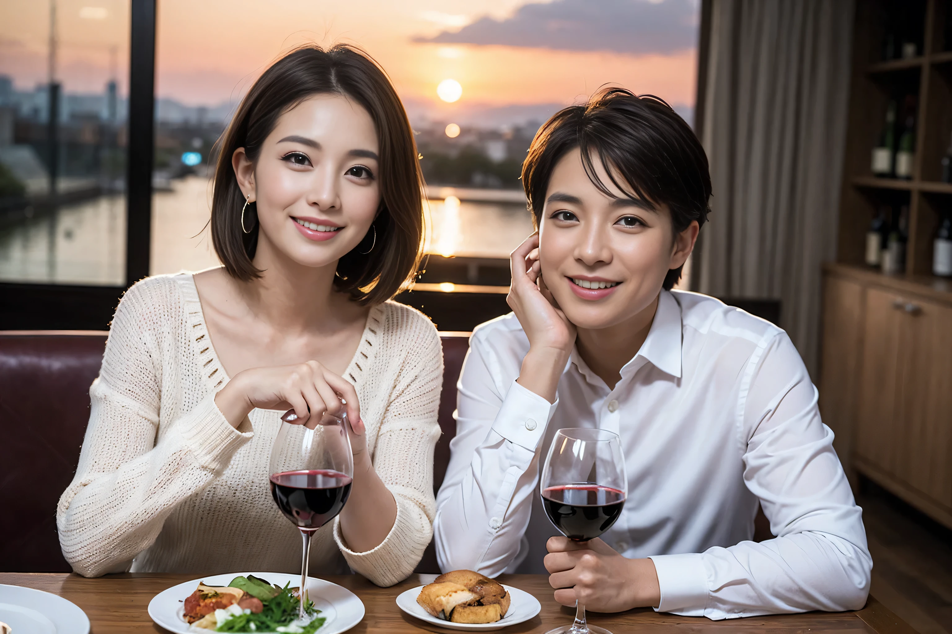 ((highest quality、8k、masterpiece:1.3))、 (Genuineistic, Genuine、Bright image、Intricate details:1.2), The best smile 1 man 1 woman、Beautiful couple、spouse、Engaged Couple、family、actress、model、smile、full-course dinner、 (Slim face), (the body is slim), (Brown Hair), (short hair), Wine glass on the table、Please shine a light on my face、 Amazing view of the sunset sky and clouds、 (Age 37), 41 years old, red wine 、Appetizers、Wine bottle、sparkling wine、Long sleeve shirt、dress、White wine, red wine, wine glass,