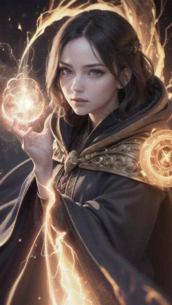 (skindentation:1.5), Realistic, Photorealistic, (masterpiece:1.5), concept art, intricate details, highly detailed, photorealistic, octane render, 8k, unreal engine, dynamic pose, best quality, highres, (realistic face:1.1), (hyperrealistic:1.1), ((full_body)), perfect eyes,(shiny skin:1.2), (((hairstyle))), (((perfect hands))), (extremely detailed background), ((dynamic background)), ((lightning)), (light rays), ((1girl)), wearing cloak, (((flowing cloak))), ((detailed eyes, high quality eyes, high quality face)), (extremely intricate robes, magical robes), short hair, casting lightning, electricity, swirling fire, radiating power, sparks, smoke, magic, ((dramatic)), epic, battlefield, depth of field, bokeh, 4k, gothic, ember, particles