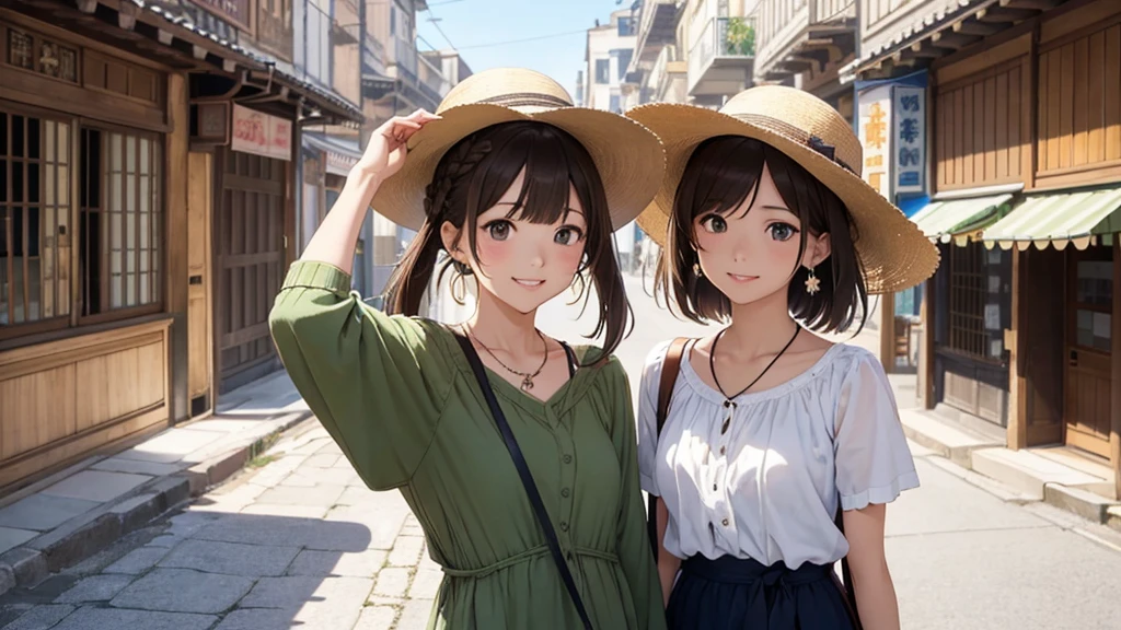 Nara Street、Ancient city、Women in their teens to 40s、(stylish, Dress relaxed、Boater hat、Small shoulder bag)Spring-like adult woman、/(Light brown hair)bangs、cheek(Dark Eyeasterpiece 1.2)Delicate illustrations with attention to detail、 (Ancient capital:1.2) (The background is fresh green)、blue sky、Detailed Background、whole bodyが写る、A shy smile、Through clenched teeth、Through clenched teeth、lip、cheek、cheek(Flat Color: 0.8)、(masterpiece: 1,2)、(masterpiece: 1,2)、High resolution、Ultra high definition、highest quality、High resolution、Ultra-thin illustration、Makoto Shinkai style、Your Name is Style、Short Bob、necklace、Earrings、Dynamic pose、Selfie、whole body、Brown Hair、Braiding、、ponytail･、necklace、Valletta、ribbon、Earringanicure、Selfie。
