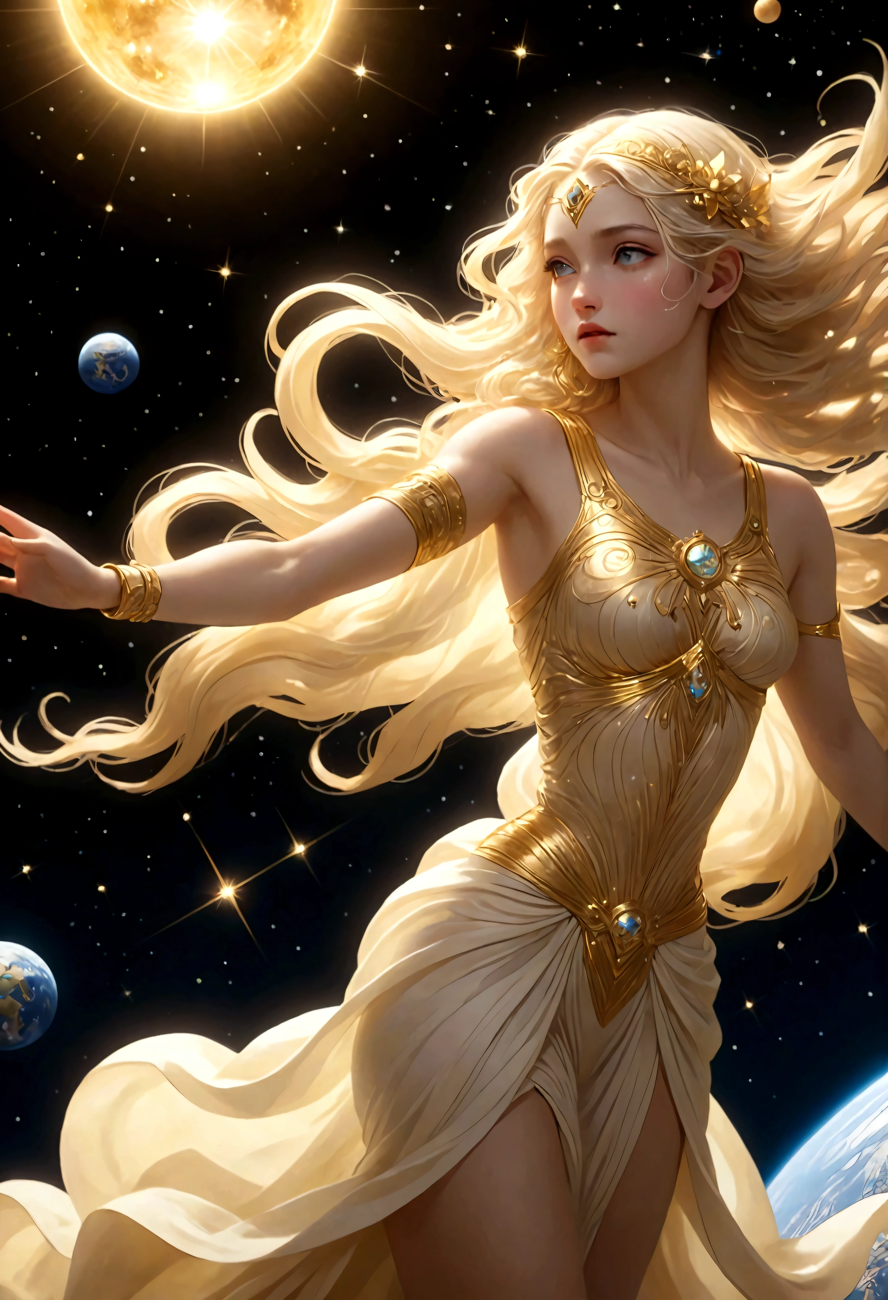 masterpiece,Best quality,high resolution,8K,Alone in space,Greek goddess,whole body,Super beautiful,floating,in the sky,floating,Golden light shines down,Look down on the Earth,Light in the Universe