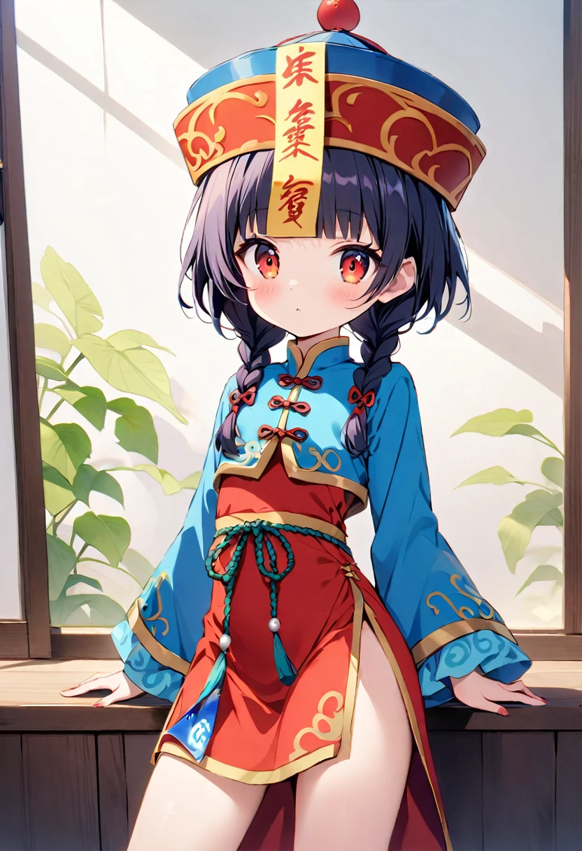 Cute young Jiangshi girl, alone, Twin braids and blunt bangs frame her red eyes.. she、Wearing a blue crown decorated with bills and traditional Chinese costume。. she小さな牙をむき出しにして爪を立てるポーズをとっている.